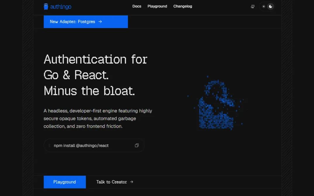 AuthInGo's landing page: “Authentication for Go & React. Minus the bloat.” with the npm install command and a Playground button.